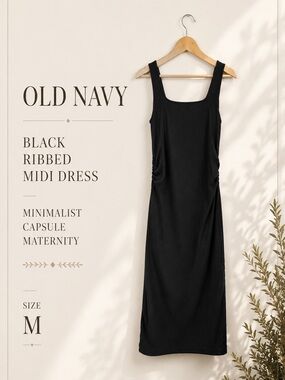 Old Navy Black Ribbed Midi Dress Minimalist Capsule Maternity Size Medium